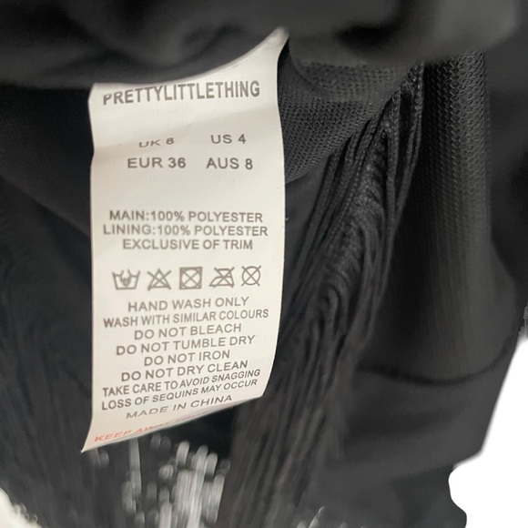 PrettyLittleThing Black Bodycon Long Sleeve Dress Sheer Sleeves Beaded - Picture 13 of 13